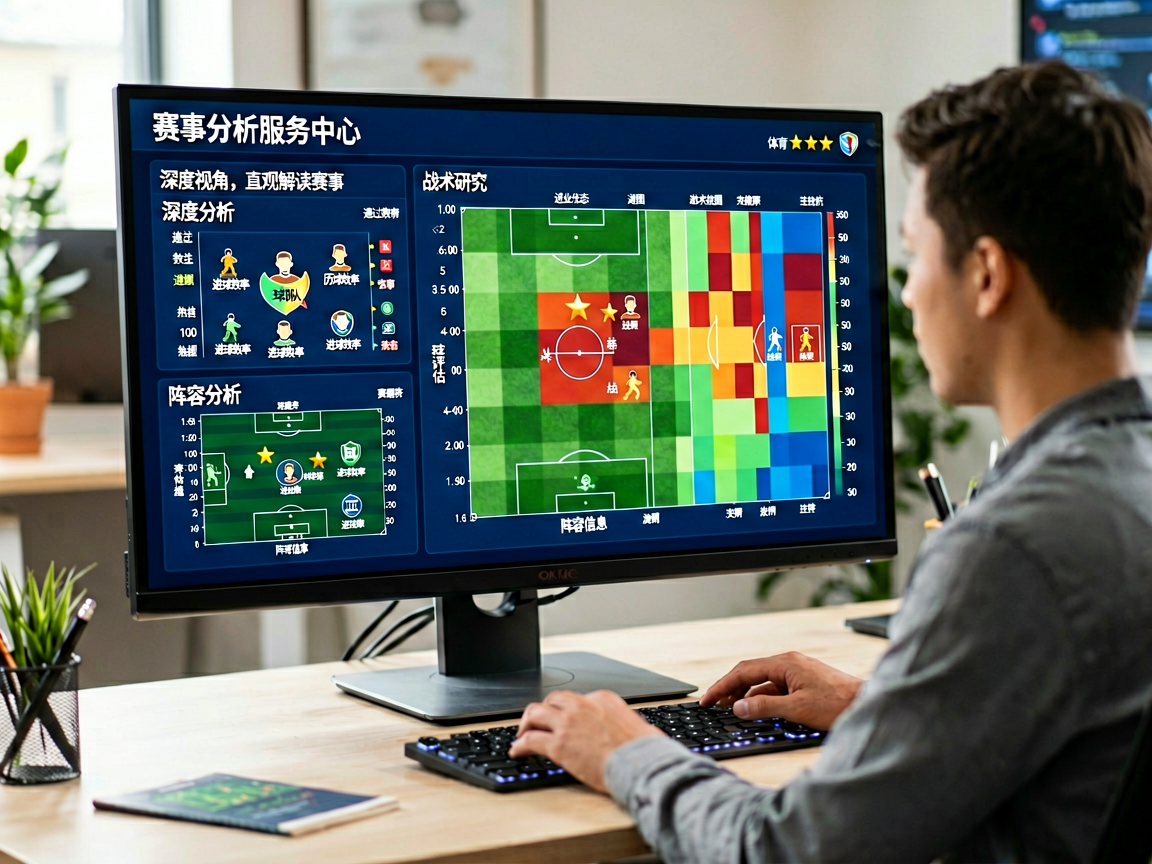 数据分析工作台，屏幕显示多维度比赛统计图表和球员表现热力图